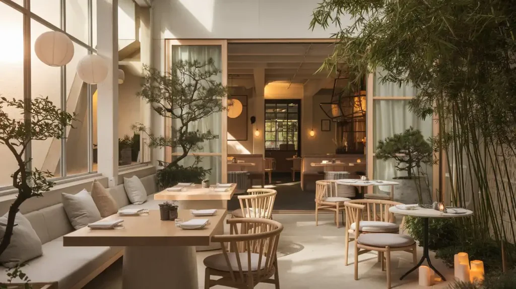 Modern restaurant with minimalist decor, wooden furniture, and indoor plants creating a cozy atmosphere. Tables set for dining in natural light enhance the inviting restaurant design.