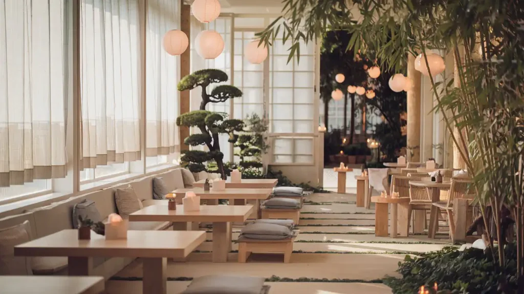 Experience a cozy atmosphere in our modern indoor restaurant, featuring wooden tables, cushioned seating, lanterns, plants, and large windows.