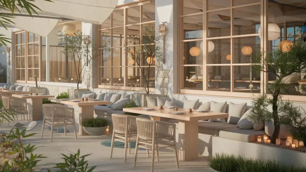 Outdoor café with wooden tables, cushioned seating, and lanterns; large windows and greenery enhance the cozy atmosphere, making it a perfect example of thoughtful restaurant design.