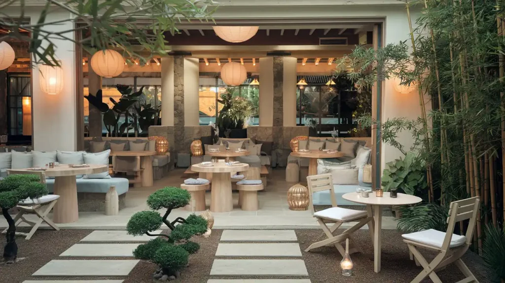 Outdoor restaurant with wooden tables, chairs, paper lanterns, and plants creating a serene, modern ambiance. This cozy restaurant's design ensures a warm and inviting atmosphere for all guests.