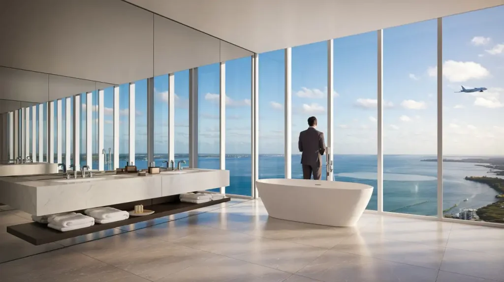 A person in a suit stands next to a bathtub, looking out at a panoramic ocean view through floor-to-ceiling windows, with the perfect mirror reflecting the serene seascape.