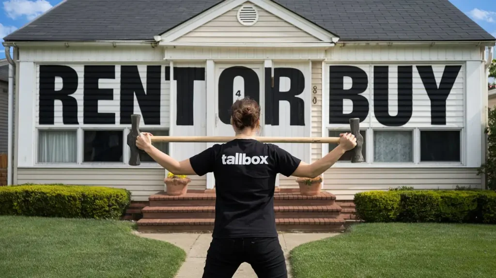 A person sporting a "tallbox" shirt holds a giant key in front of a house emblazoned with the text "RENT OR BUY," highlighting the choices of rent or homeownership.