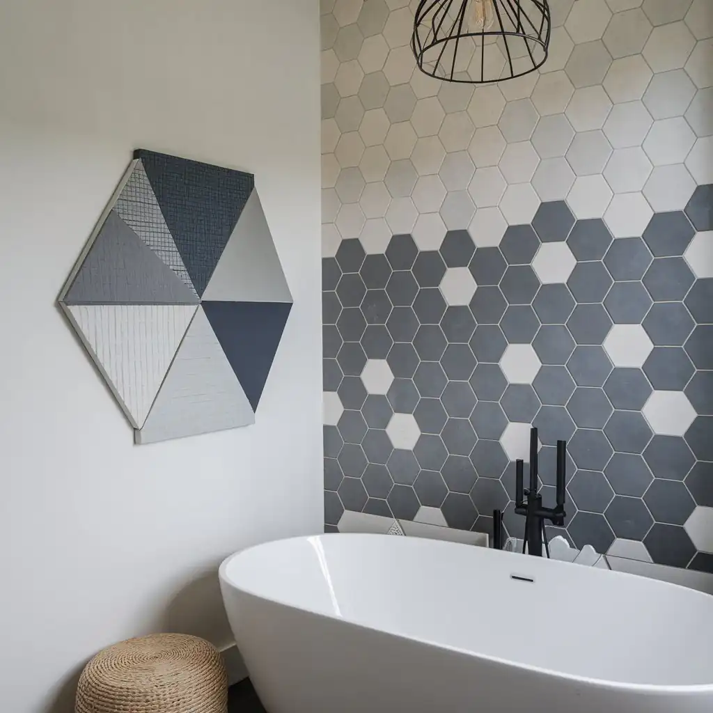 Modern bathroom with a white bathtub, hexagonal tiles on the wall, geometric wall art, and wicker basket. Considering bathroom flooring materials? The pros and cons of different options can help enhance this space beautifully.