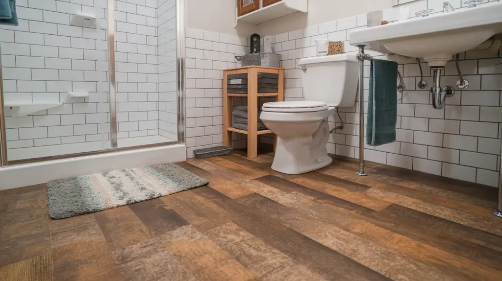 Bathroom with wooden flooring, a white toilet, sink, and a shower with a glass door. A rug is placed in front of the shower. When considering bathroom flooring materials, weigh the pros and cons to ensure durability and style.
