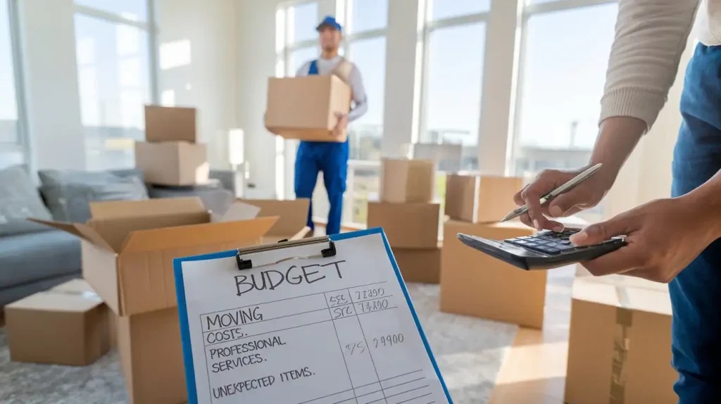 Person calculating moving budget on clipboard while movers carry boxes in a brightly lit room, preparing to decorate the house.