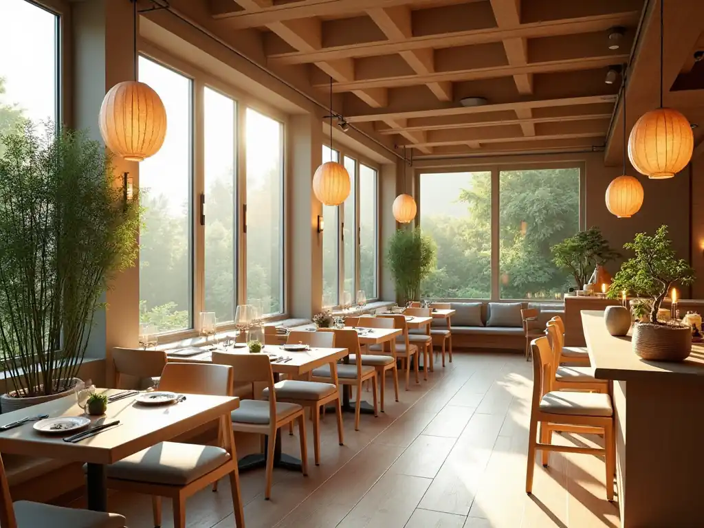 A serene restaurant with wooden furniture, large windows, pendant lights, and lush greenery seamlessly integrated into its Restaurant Design, creating a cozy atmosphere.