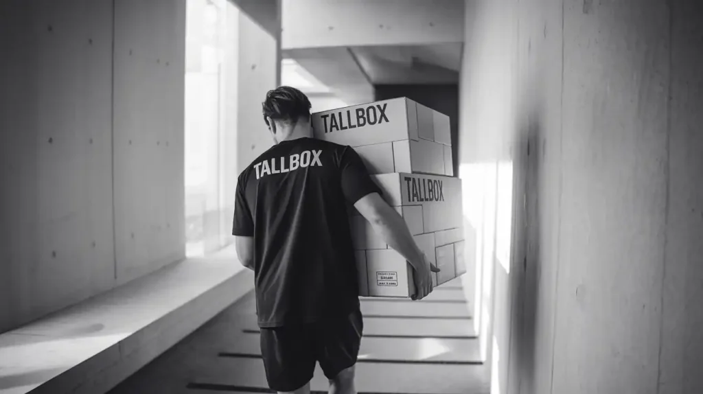Person in a "TALLBOX" shirt carrying stacked "TALLBOX" boxes down a narrow hallway, carefully navigating the space to avoid scuffing the flooring options.