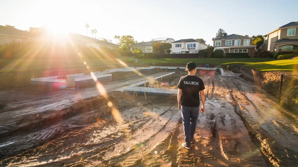 A person in a black "TAILBOX" shirt stands at a construction site with new build homes and a bright sun in the background.