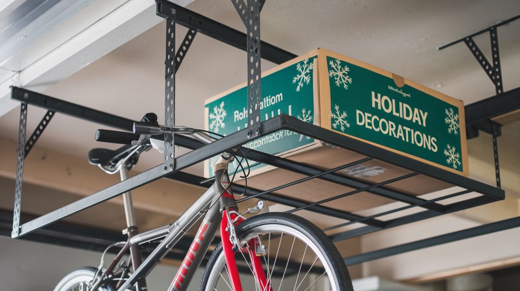 A box labeled "Holiday Decorations" sits on a garage ceiling shelf above a bicycle, showcasing practical home storage.