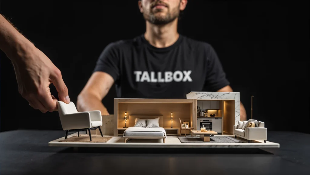 A person in a TALLBOX shirt holds a miniature modern room model, while another hand places a tiny chair inside, showcasing the sleek design.