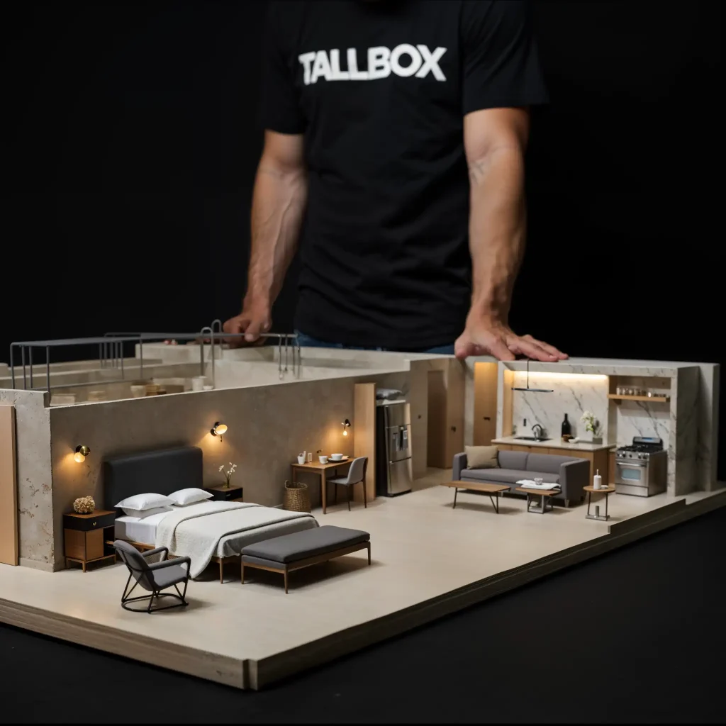 Person with a "TALLBOX" t-shirt standing behind a modern miniature home model with detailed interior and furniture, showcasing ideas for basement usage to maximize space efficiency.