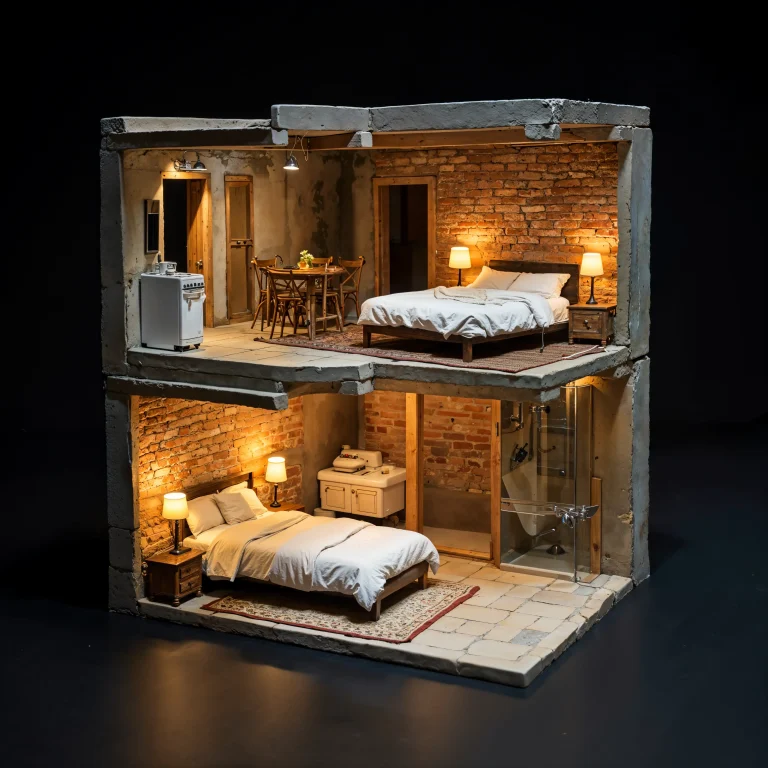 Miniature cross-section of a two-story house with brick walls, showcasing two furnished bedrooms, a kitchen, a bathroom, and an unfinished basement.