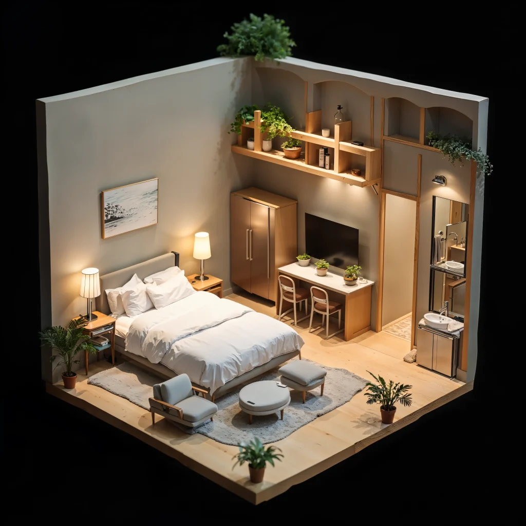 Miniature modern bedroom with a bed, armchairs, a desk, shelves, plants, and an attached bathroom—a perfect space with thoughtful design that could potentially boost your home's income.