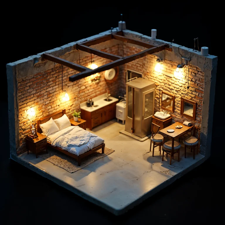 A cozy miniature loft with a bed, wardrobe, dresser, dining table, and kitchenette, adorned with warm lighting and thoughtful design.