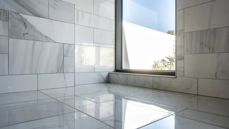 Bright, modern bathroom with white marble tiles on the floor and walls, a showcase in bathroom flooring materials. A large window lets in natural light, illuminating the space beautifully.