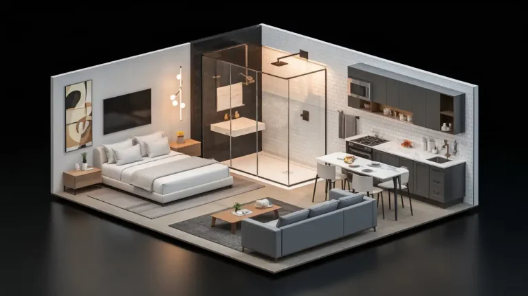 Isometric view of modern studio apartment with bed, seating area, kitchen, and glass-walled bathroom on black background, showcasing sleek design and efficient use of space.