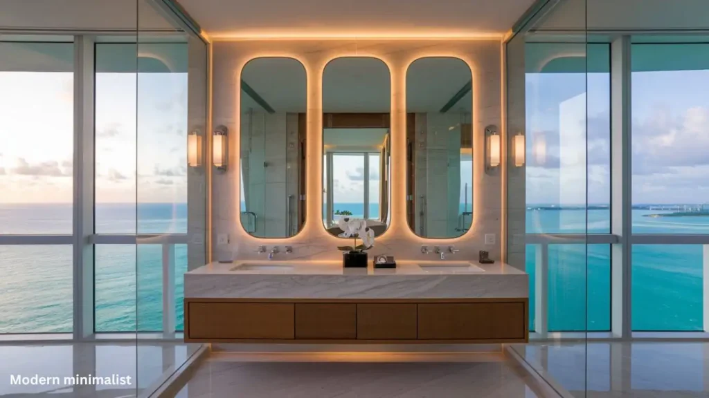 A modern minimalist bathroom features double sinks, perfect for busy mornings, with large mirrors and floor-to-ceiling windows showcasing an ocean view.