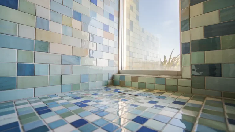 A bright bathroom corner with multi-colored blue, green, and beige tiles creates a vibrant space, featuring a large window. The eye-catching bathroom flooring offers both durability and style, showcasing the pros of easy maintenance alongside the con of potentially colder surface temperature.
