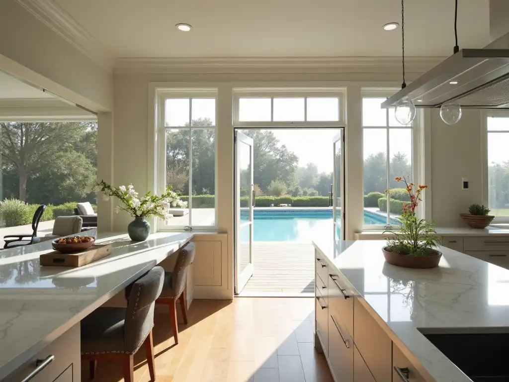 Modern kitchen with marble countertops, island seating, and glass doors opening to a patio with a pool view in your new house.