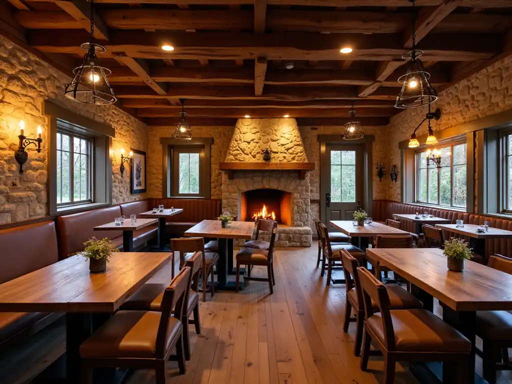 Cozy rustic restaurant with wooden tables and chairs, stone fireplace, exposed wooden beams, and warm ambient lighting, showcasing exquisite restaurant design for a truly cozy atmosphere.