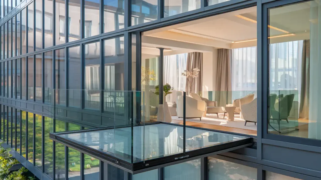 Modern apartment with glass walls, featuring an open balcony and a bright, elegantly furnished living room with unusual DIY interior renovations.