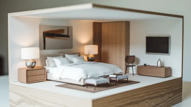 Miniature modern bedroom diorama featuring a bed, nightstands, lamps, TV, and contemporary design.
