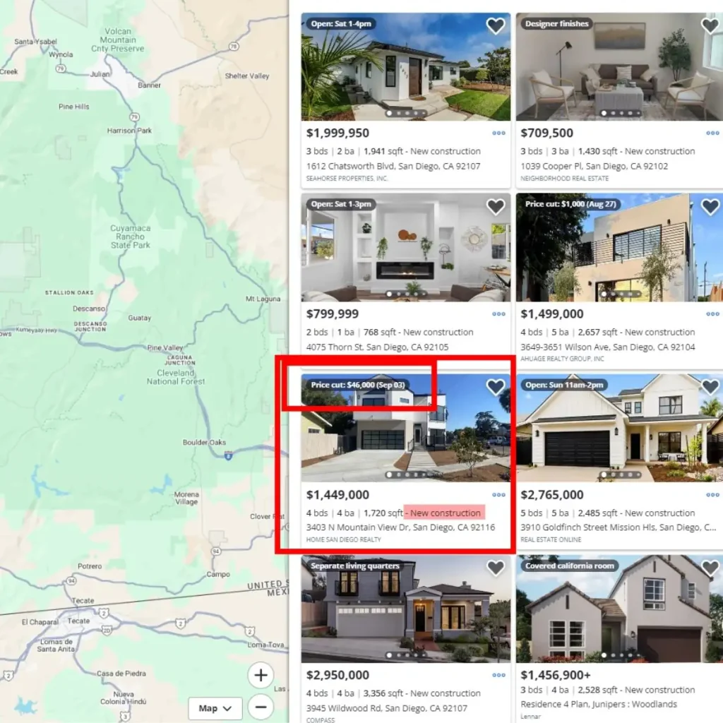 A map of Southern California with a selection of real estate listings in San Diego, perfect for those interested in buying a new build home, shown on the right.