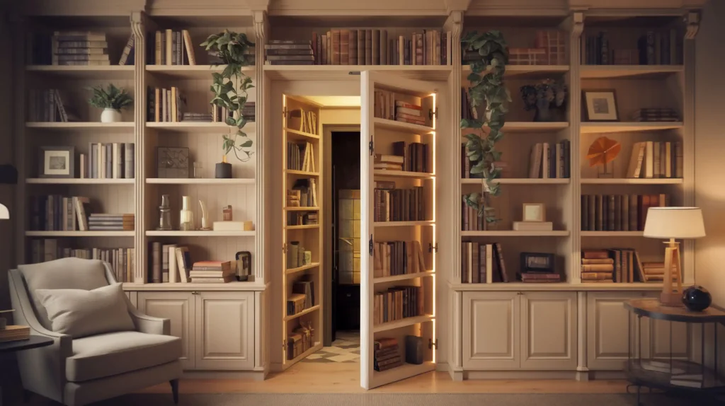 Cozy library with bookshelves, plants cascading from the shelves, and a hidden door leading to a secret room – an ideal space for those interested in DIY interior renovation.