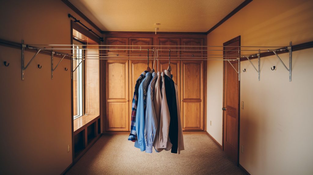 Shirts and jackets hanging on a clothes drying rack in a room with wooden cabinets and beige carpet offer practical tips for home storage, ensuring safe storage solutions for everyday wearables.
