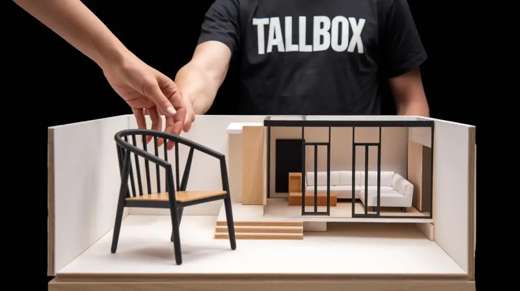 Person placing a miniature chair in a modern architectural model while another person wearing a "TALLBOX" shirt observes, discussing design possibilities for an unfinished basement.