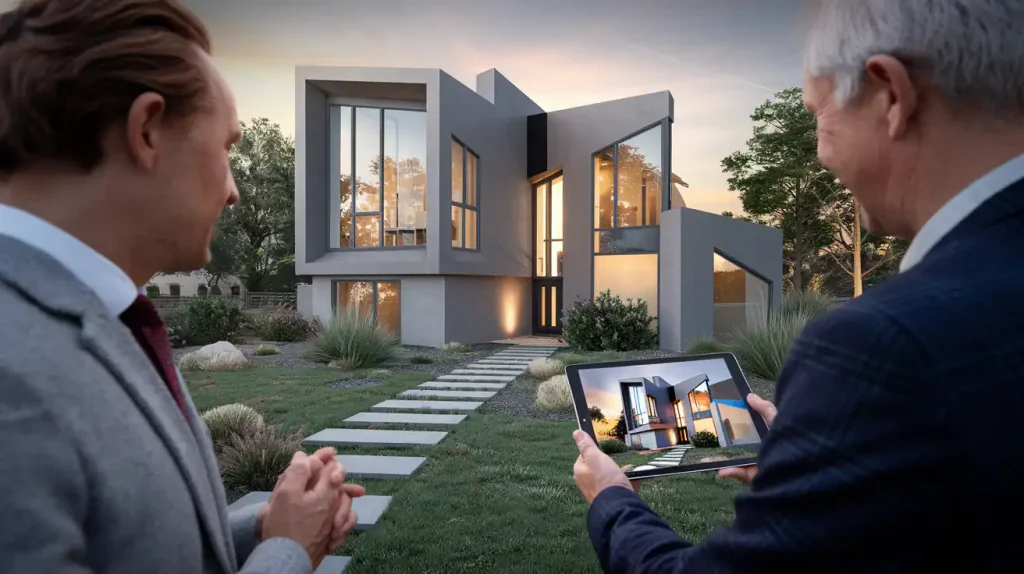 Two people stand side by side, one viewing a modern house with a geometric design on a tablet. This unusual house is part of an exclusive marketplace, highlighting its unique features and offering tips for selling such distinctive properties.