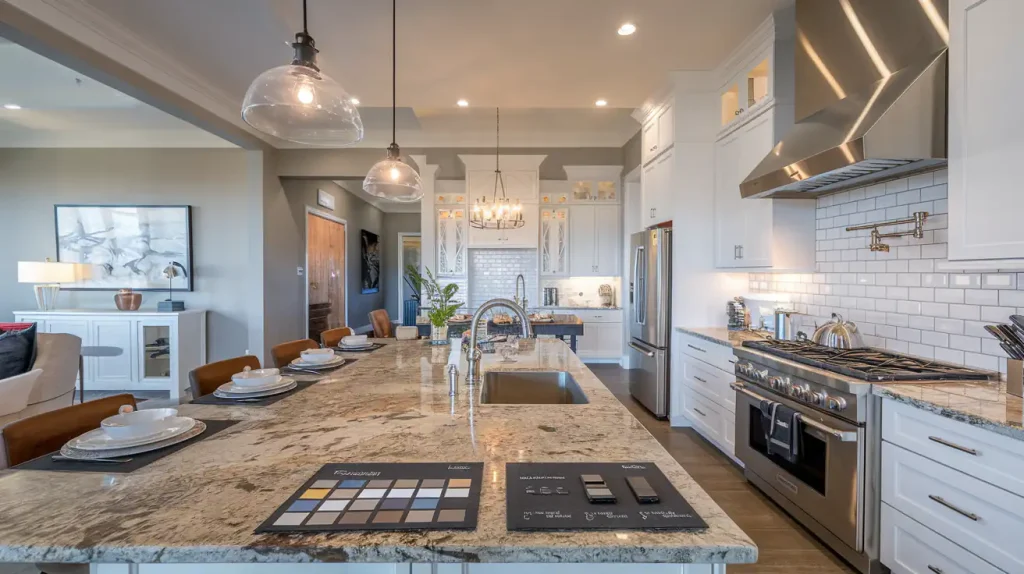 Modern kitchen with a large marble island, stainless steel appliances, and white cabinetry, illuminated by pendant lights—perfect for those buying a new build home.