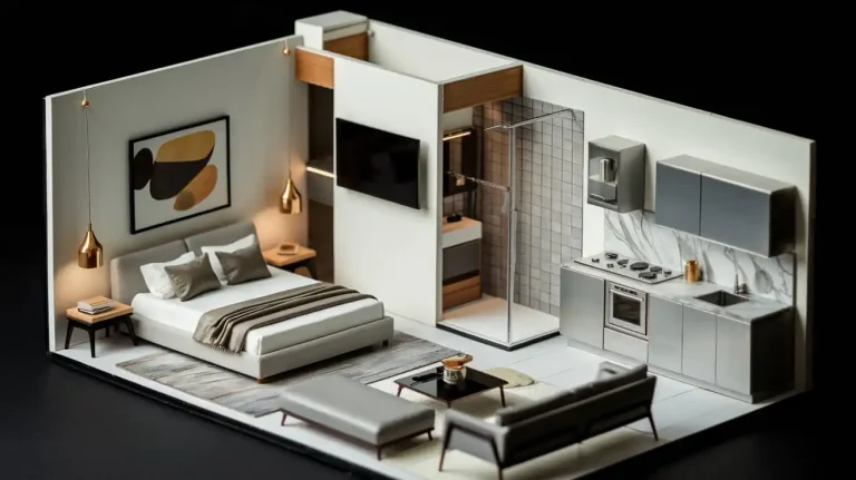 A modern, open-concept apartment layout with a bed, couch, kitchenette, wall art, and a glass shower enclosure showcases thoughtful design and can serve as an alluring income opportunity.