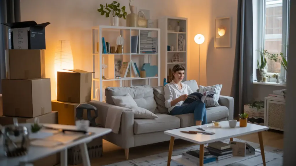 A person reads a magazine on a couch in a cozy living room, surrounded by unpacked boxes as they start to decorate their new house, illuminated by warm lights.