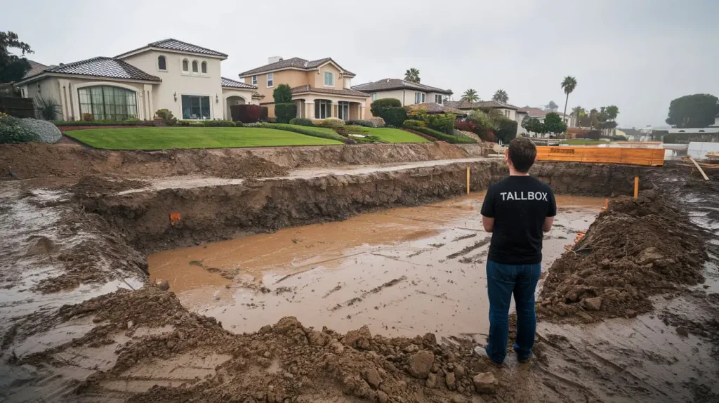 A person stands at the edge of a large muddy excavation pit, with several houses visible in the background, a common sight in new construction projects.