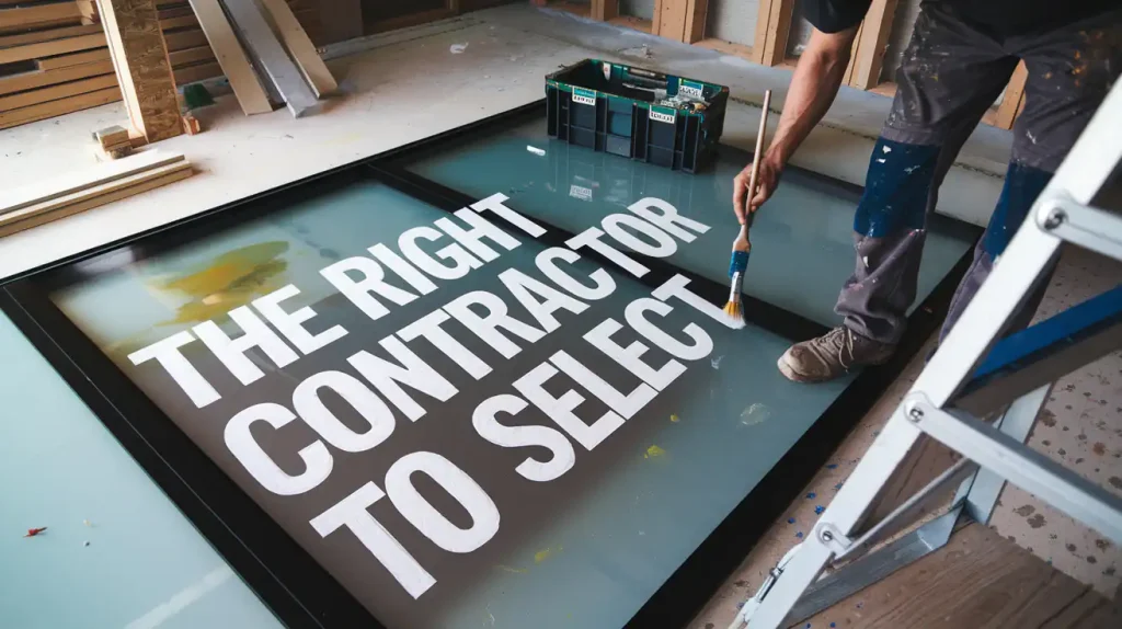 Person painting the letters "THE RIGHT CONTRACTOR TO SELECT" on a glass panel in a workshop, setting the stage for a new construction project.