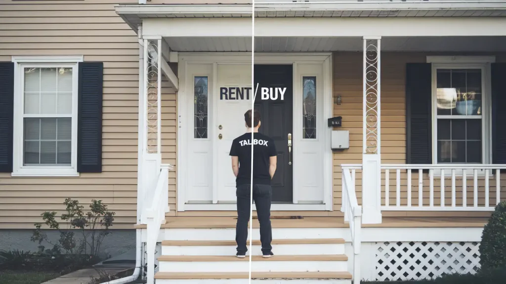 Person stands in front of a house, divided into two sides labeled "Rent" and "Buy," wearing a "Talkbox" shirt. The image captures the dilemma between the dream of homeownership and the practicalities of renting.
