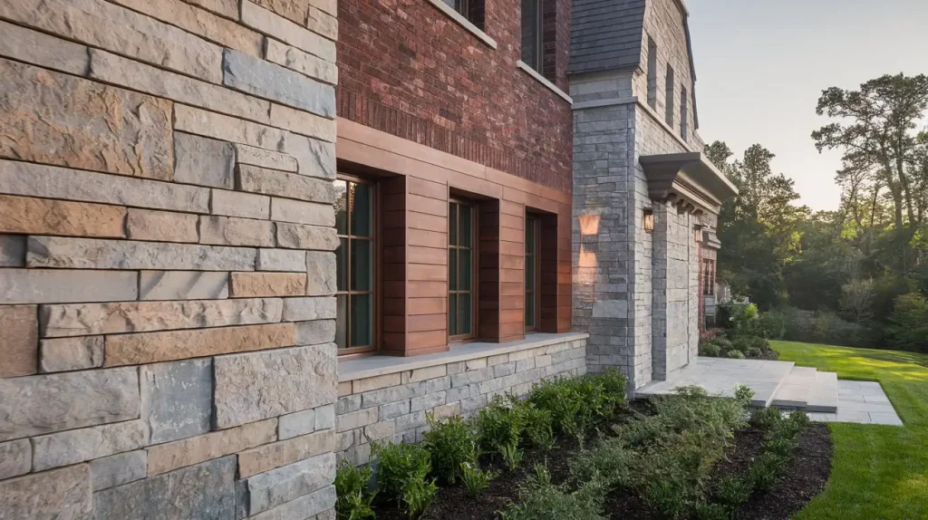 Close-up of a modern home's mixed brick and stone siding exterior with shrubbery and a lush green lawn in the background, showcasing the impeccable craftsmanship of this new construction project.