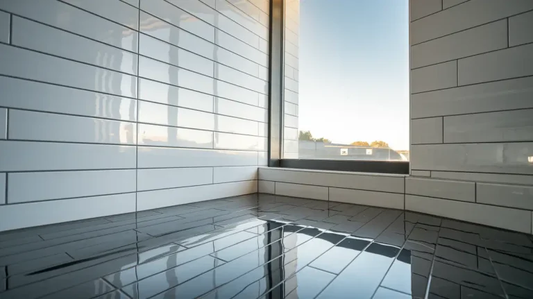 Modern bathroom with white tiled walls and reflective dark tiled floor, featuring a large window letting in natural light. Considering various bathroom flooring materials can help highlight the pros and cons of each choice for your space.
