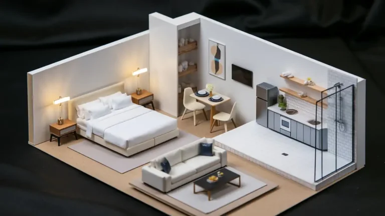 A miniature model of a modern studio apartment with an innovative design, featuring a bedroom, living area, dining table, and kitchen on display.