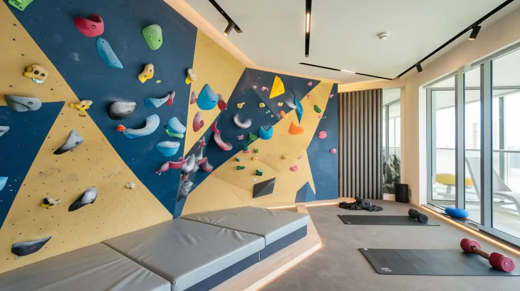 Indoor climbing gym with colorful holds, crash pads, exercise mats, and weights by large windows in a modern room showcasing some unusual DIY renovations.