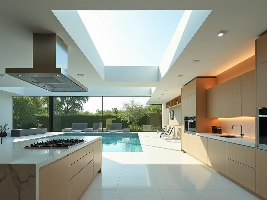 Modern kitchen in a new house with large skylight, island stove, and floor-to-ceiling windows offering a select view of the outdoor pool and lounge area.