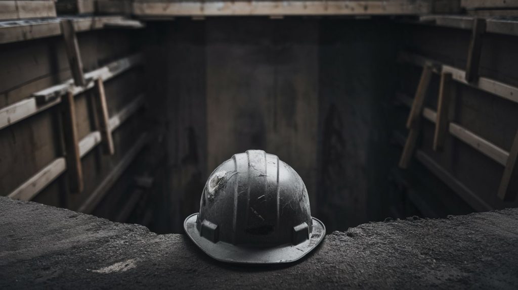 A worn construction helmet sits on the edge of a dark, unfinished trench or pit, with wooden beams on the sides—a stark reminder of the importance of construction site safety.