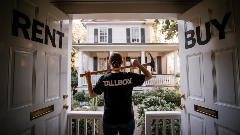 Person holding a large wrench, standing between doors labeled "Rent" and "Buy," contemplating homeownership as they gaze at a house with a porch in the background.