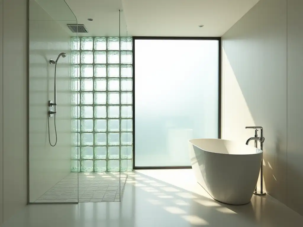 Minimalist bathroom in a new house with a large frosted window type, walk-in glass shower, and a freestanding white bathtub.