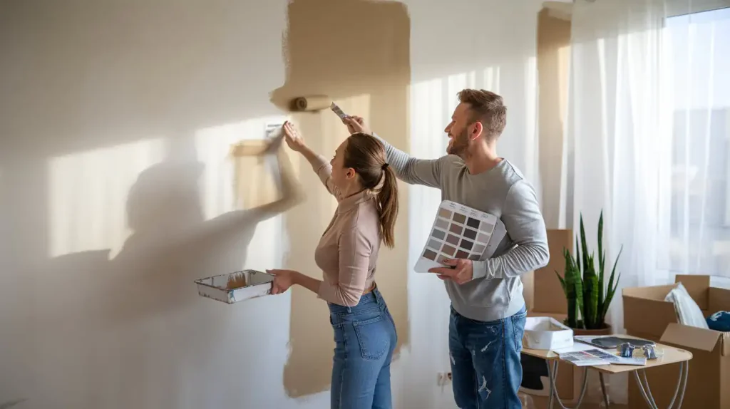 A couple painting a wall light brown, holding a paint tray and swatches, with moving boxes and a plant in the background as they decorate their new house.