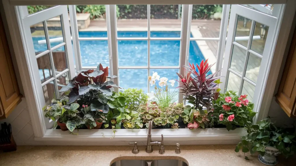 Plants on a windowsill with an open view to a backyard swimming pool showcase the charm of our new house.