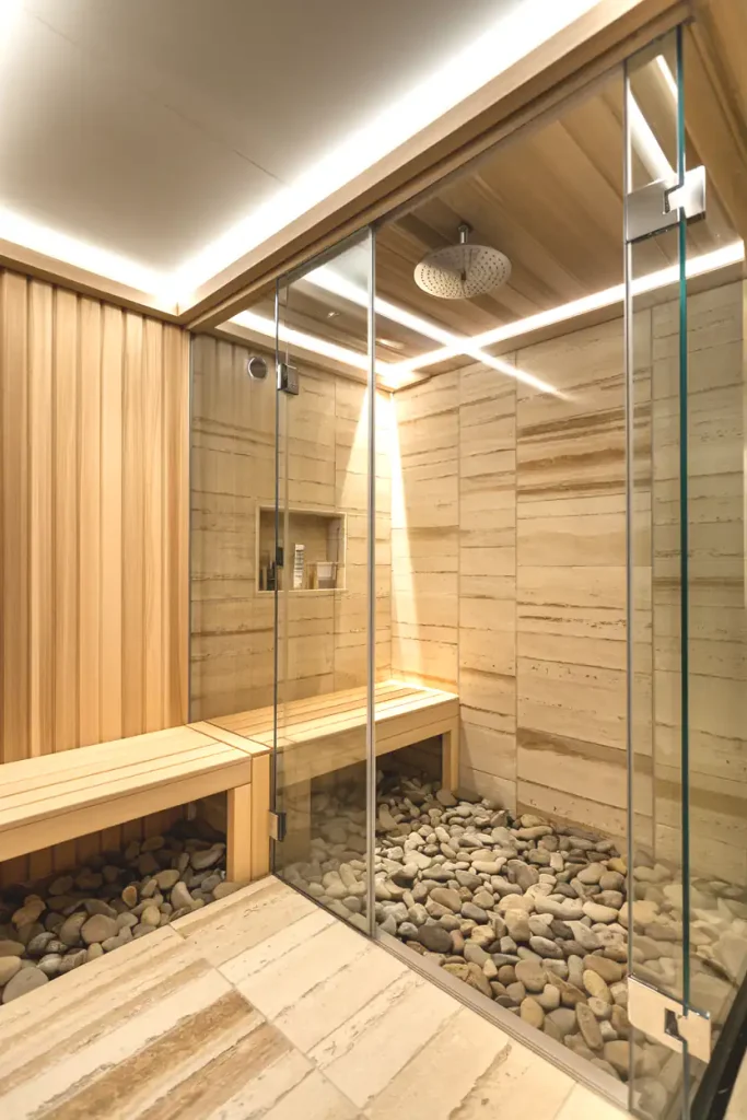 Luxurious modern shower with glass doors, wood and marble accents, pebbled floor, and overhead rainfall showerhead—a perfect showcase of diverse bathroom flooring materials.