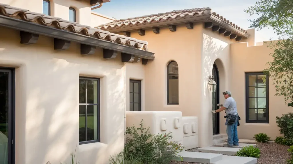 A person stands at the door of a new construction Southwestern-style house with light beige stucco walls and dark-framed windows, showcasing a beautifully completed project.