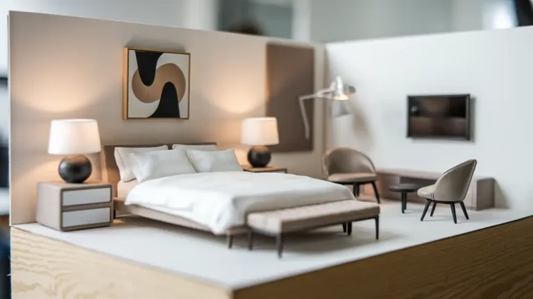 A miniature modern bedroom model featuring a bed, nightstands, lamps, wall art, seating area, and a mounted TV. Consider incorporating this design into your unfinished basement for additional income potential.